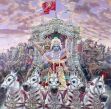 Krishna drives Arjuna's chariot onto the battlefield of Kurukshetra