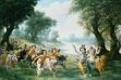 Krishna, Balarama and the cowherd boys and cows are running along the banks of the Yamuna River in Vrindavana
